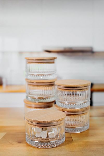 ZURİ DESİGN 6-Piece Wooden Vacuum Glass Storage Set - 225 ml for Breakfast and Snack Holder
