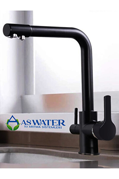 As Water Siyah Batarya Musluk Arıtmalı 3 Yollu Mutfak Evye Musluğu
