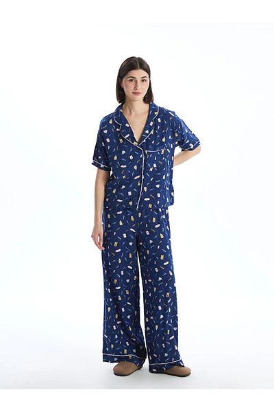 LC Waikiki Lcw Dream Navy Blue Shirt Collar Printed Women's Pajamas Set