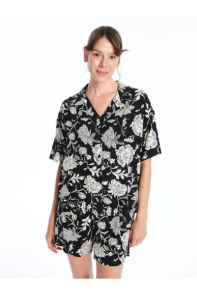 LC Waikiki LCW DREAM Set de pijamale pentru femei cu imprimeu cu guler de cămașă neagră