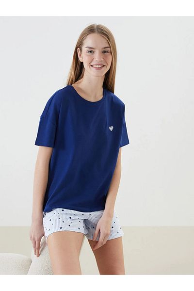 LC Waikiki Set de pijamale pentru femei LCW DREAM, albastru, cu decolteu, brodat