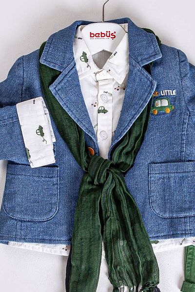 Bebüş Embroidered Jacket Printed Long Sleeve Shirt Green Pants and Scarf 4-Piece Boy's Suit 14409