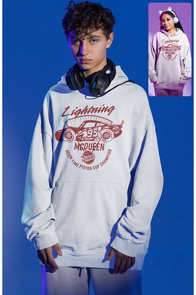 Fuddy Moda Unisex Oversize Hooded Sweatshirt - Cars Printed, Seven Time Piston Cup Champion Printed Hoodie
