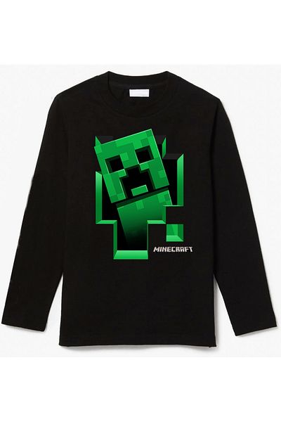 Efendioğlu Design Long Sleeve Mine Craft Creeper Inside Printed Unisex Children's T-Shirt
