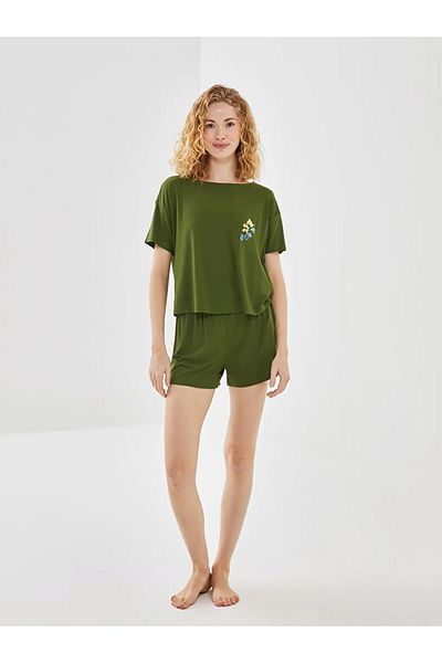 LC Waikiki Lcw Dream Green Crew Neck Embroidered Women's Shorts Pajamas Set