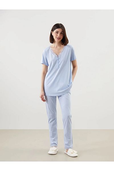 LC Waikiki Set de pijamale de maternitate LCW DREAM albastru cu decolteu în V cu dantelă