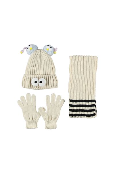 Kitti White Scarf Beanie Gloves Set for 4-8 Years Old Girl - K24170-09