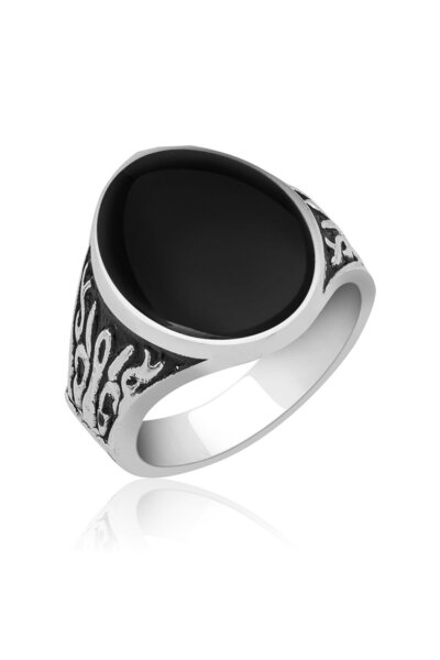 Ervanur Gümüş Kaplama Siyah Mineli Oval Erkek Yüzük ENG5858119