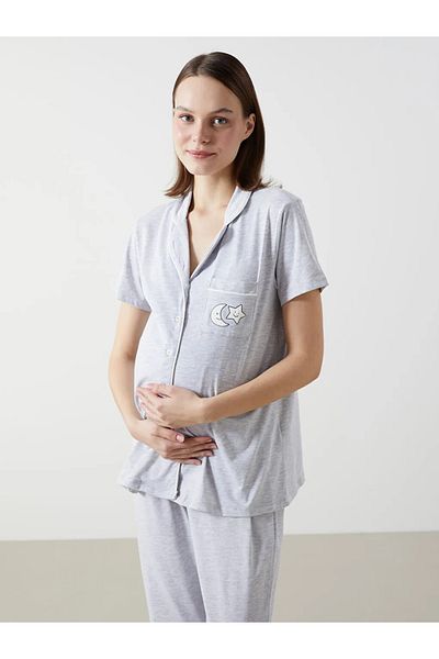 LC Waikiki Lcw Dream Gray Shirt Collar Printed Maternity Pajamas Set