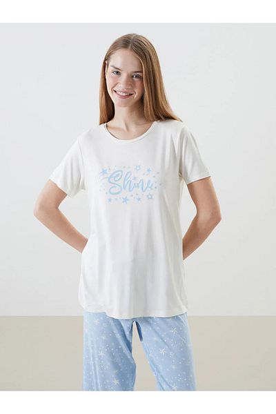 LC Waikiki Set pijamale pentru femei LCW DREAM, albastru, cu decolteu, imprimat