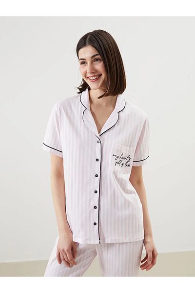 LC Waikiki Lcw Dream Ecru Shirt Collar Striped Women's Pajamas Set