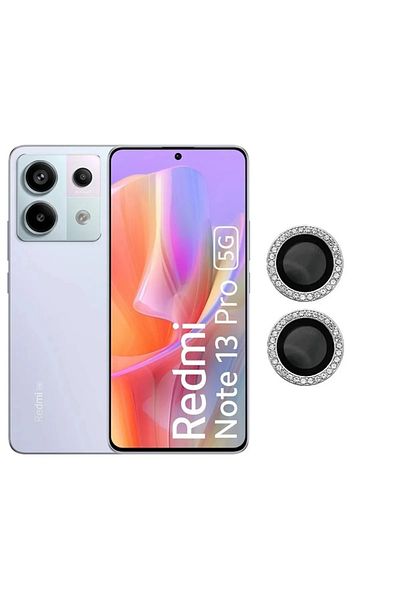 SOLİD CASE Redmi Note 13 5G/ Xiaomi Redmi Note 13 Pro 5G متوافق مع واقي عدسة زجاجي فضي مزين بحجر الراين