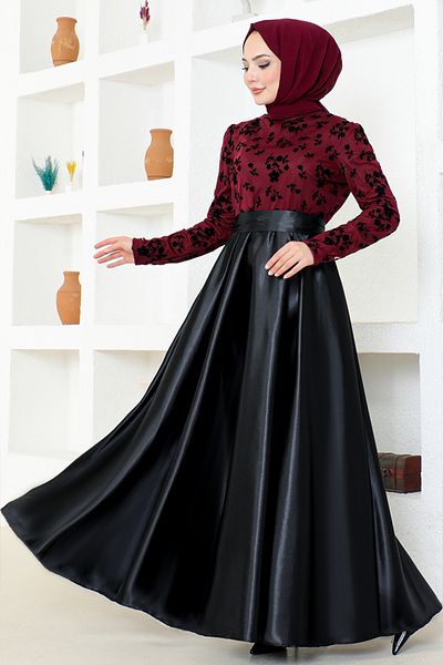 ModaMerve Βραδινό φόρεμα Claret Red Flock Printed - Asm2709