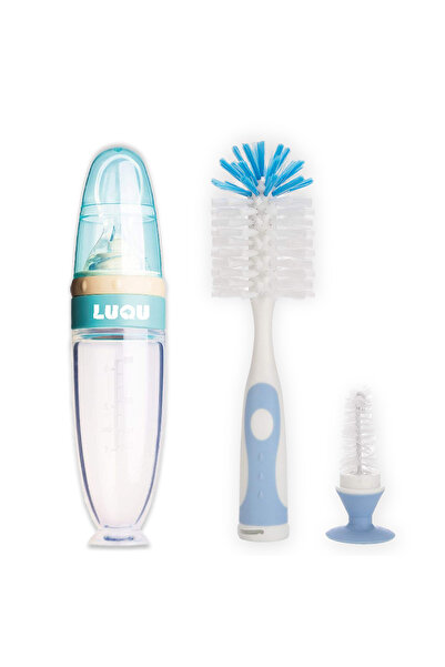 LUQU BABY ملعقة تغذية سيليكون قابلة للضغط للأطفال، مع مقياس وفرشاة تنظيف (أزرق)