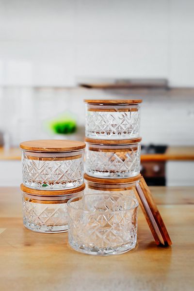 ZURİ DESİGN 6-Piece Round Timeless Wooden Vacuum Lid Glass Breakfast - Storage Container & Snack Bowl 225 ml