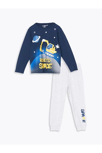 LC Waikiki Lc Waikiki̇ Lcw Kids Navy Blue Crew Neck Printed Boys' Pajamas Set