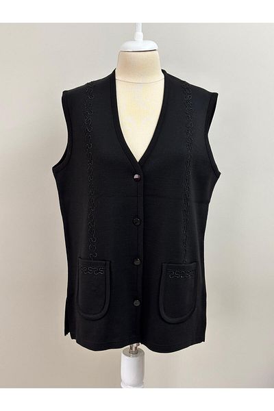 Özenli Triko Steel Knitted Black Mother's Vest with 4 Buttons and Ribbon