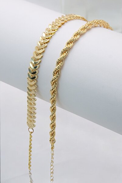 TAKIPORT Gold Renk 2'Li Her Bileğe Uygun Kadın Bileklik Kombini