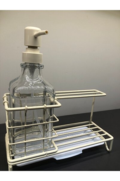 Romans Metal Standlı Süngerlikli Cam Mutfak Sıvı Sabunluk&Deterjanlık- Krem