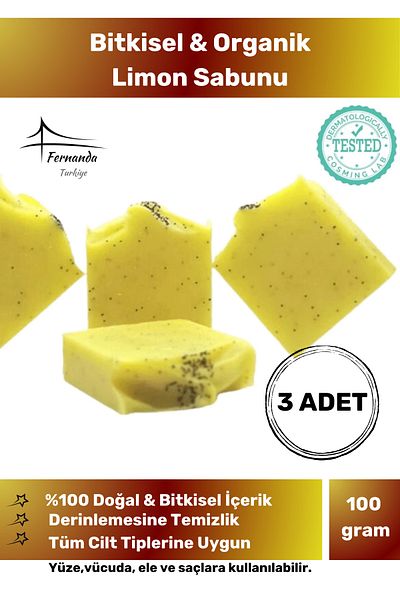 Fernanda 100% Natural Organic Lemon Soap Handmade Face Hair Body Skin Original Herbal 100 g - 3 Pieces
