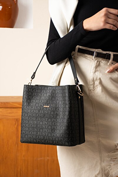Just Polo Women's Black Print Patterned Hand and Shoulder Bag Tycet02117