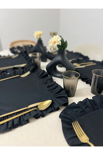 Mirilliahome Set de 6 lenjerie neagră din bumbac, serviciu american cu volane și supla