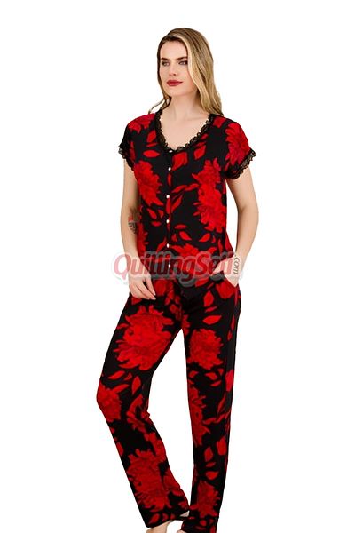 quilling Roșu - Negru Culoare și Motiv Floral Lady 12494 Set de pijamale cu mânecă scurtă pentru femei, din bumbac, viscoză