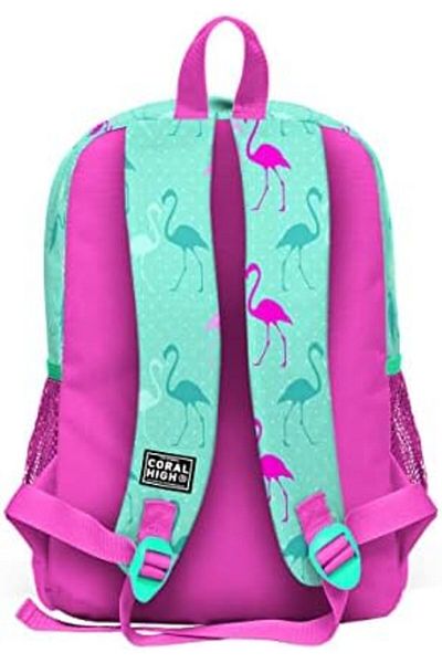 STOREMAX Ntwork High Primary School Backpack - Girl's Pink Green Flamingos - Four Compartments Art 108