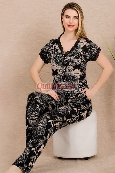 quilling Lady 12499 Set pijama cu mânecă scurtă pentru femei din bumbac și viscoză, de culoare neagră, cu model floral