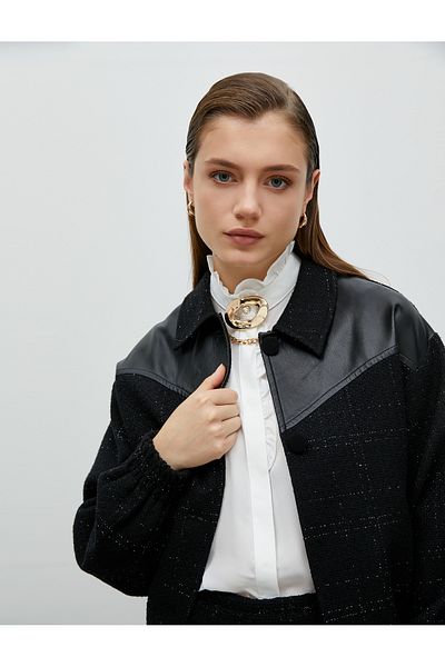 Koton Jachetă bomber din tweed cu detalii din piele artificială, buzunare, nasturi