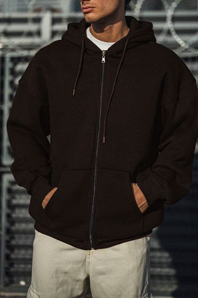 ruNadeS Brown Men's 3-Thread Seasonal Zip-Up Hooded Fleece Cardigan Jacket