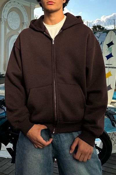 ruNadeS Brown 3 Thread Men's Zippered Hooded Sweatshirt Cardigan
