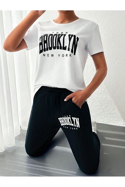 MODARİCH Σετ αθλητική φόρμα Brooklyn 1898 Oversize - Crew Neck, Λευκό μαύρο μπλουζάκι Jogger