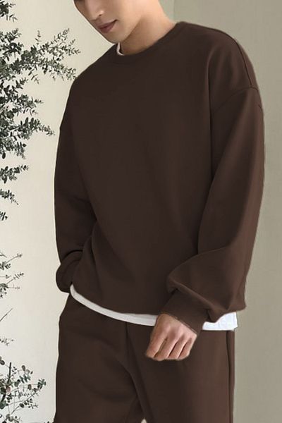 ruNadeS Φούτερ καφέ Fleece με 3 νήματα βαμβακερό Oversize Basic Crew Neck