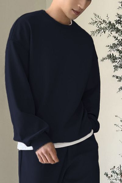 ruNadeS Φούτερ Navy Blue Fleece με 3 νήματα από βαμβακερό υπερμεγέθη Basic Crew Neck