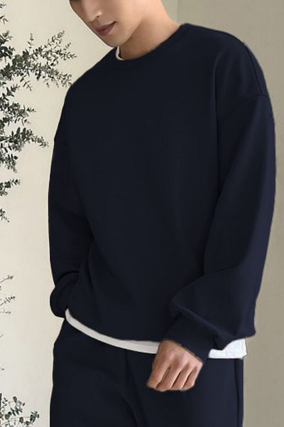 ruNadeS Φούτερ Navy Blue Fleece με 3 νήματα από βαμβακερό υπερμεγέθη Basic Crew Neck