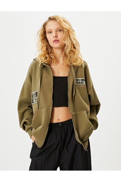 Koton Oversize Hooded Sweatshirt - Zippered, Pocketed and Back Applique Detail