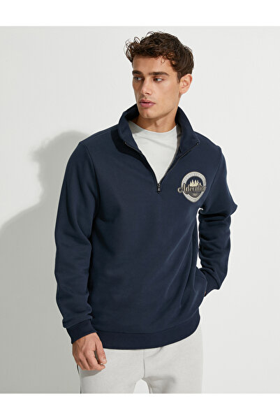 Koton Yarım Fermuarlı Sweatshirt Kolej Baskılı İşlemeli Dik Yaka Şardonlu