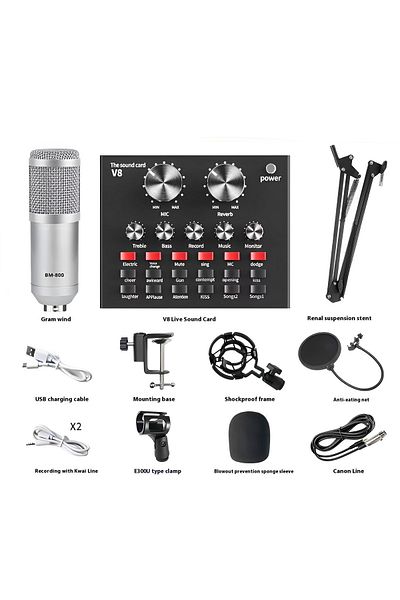 fulina Multifunctional Professional Live V8 Sound Card Microphone Set PZM-Mic 02-BM 800 Multicolour