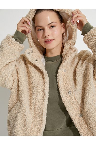 Koton Plush Jacket Hooded with Pocket Detail and Snap Buttons