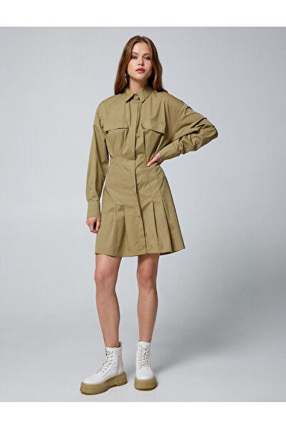 Koton Риза Рокля Габардин Плат Плисиран Памук с дълъг ръкав и джоб