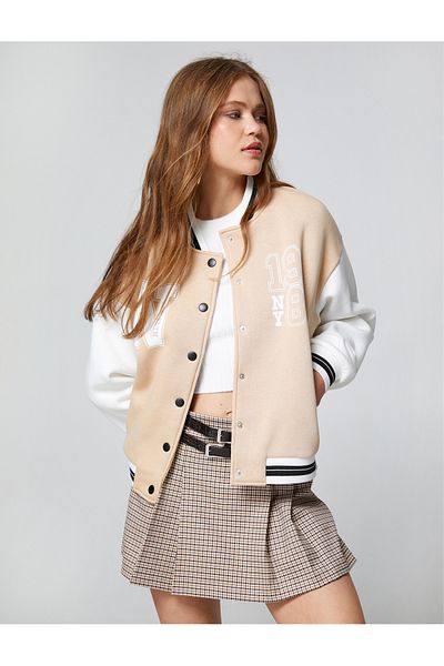 Koton Bomber Collar Printed College Jacket - Snap Button and Pocket Detail