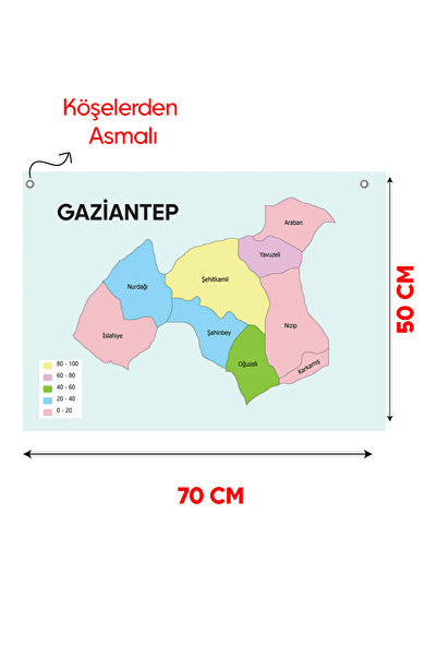FLEXİS لافتة خريطة مقاطعة ومقاطعة غازي عنتاب (قماش الفينيل الأوروبي) 50x70 سم