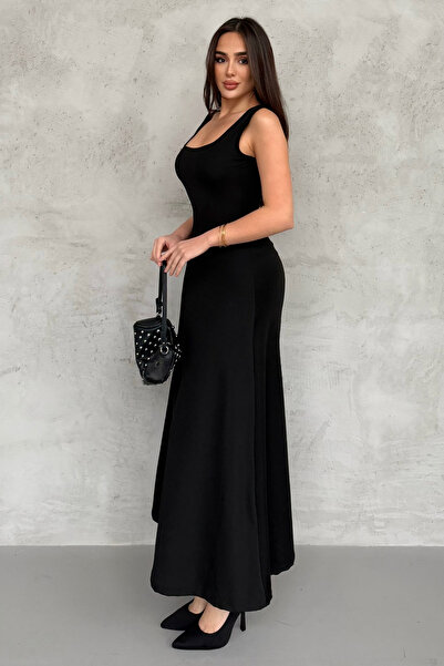 modavingo Kadın  Soft Touch Ön Arka Kare Yaka Elbise Siyah MDV1001