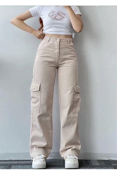LAMİRA Μπεζ Χρώμα - Palazzo Wide Leg και Super ψηλόμεσο παντελόνι Cargo