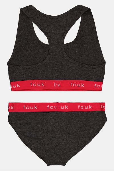 Fcuk Women 2 Pieces Top And Bottom Lingerie Set, Charcoal Grey