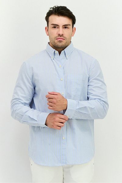 French Connection Men Regular Fit Long Sleeve Stripe Casual Shirt, Blue