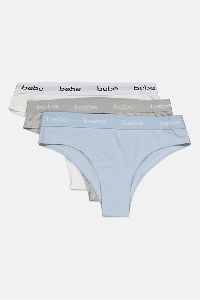 Bebe Women 3 Pack Brand Logo Thong Panties, White