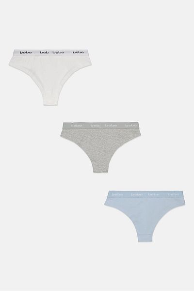 Bebe Women 3 Pack Brand Logo Thong Panties, White