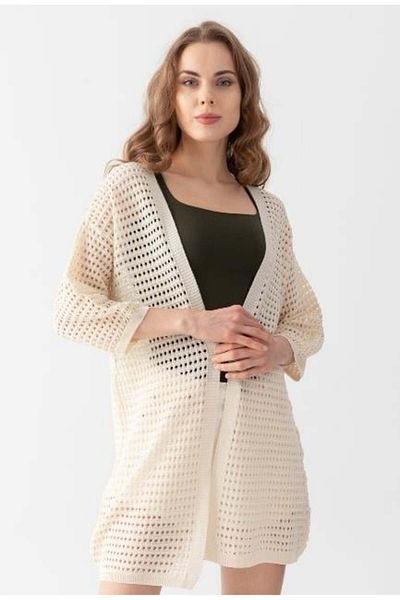 Irmak Kerekli Cardigan lung de tricotaj perforat bej pentru femei 91136